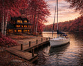 Lakeside Autumn Cabin Wall Art – Luxury Waterfront Retreat Print