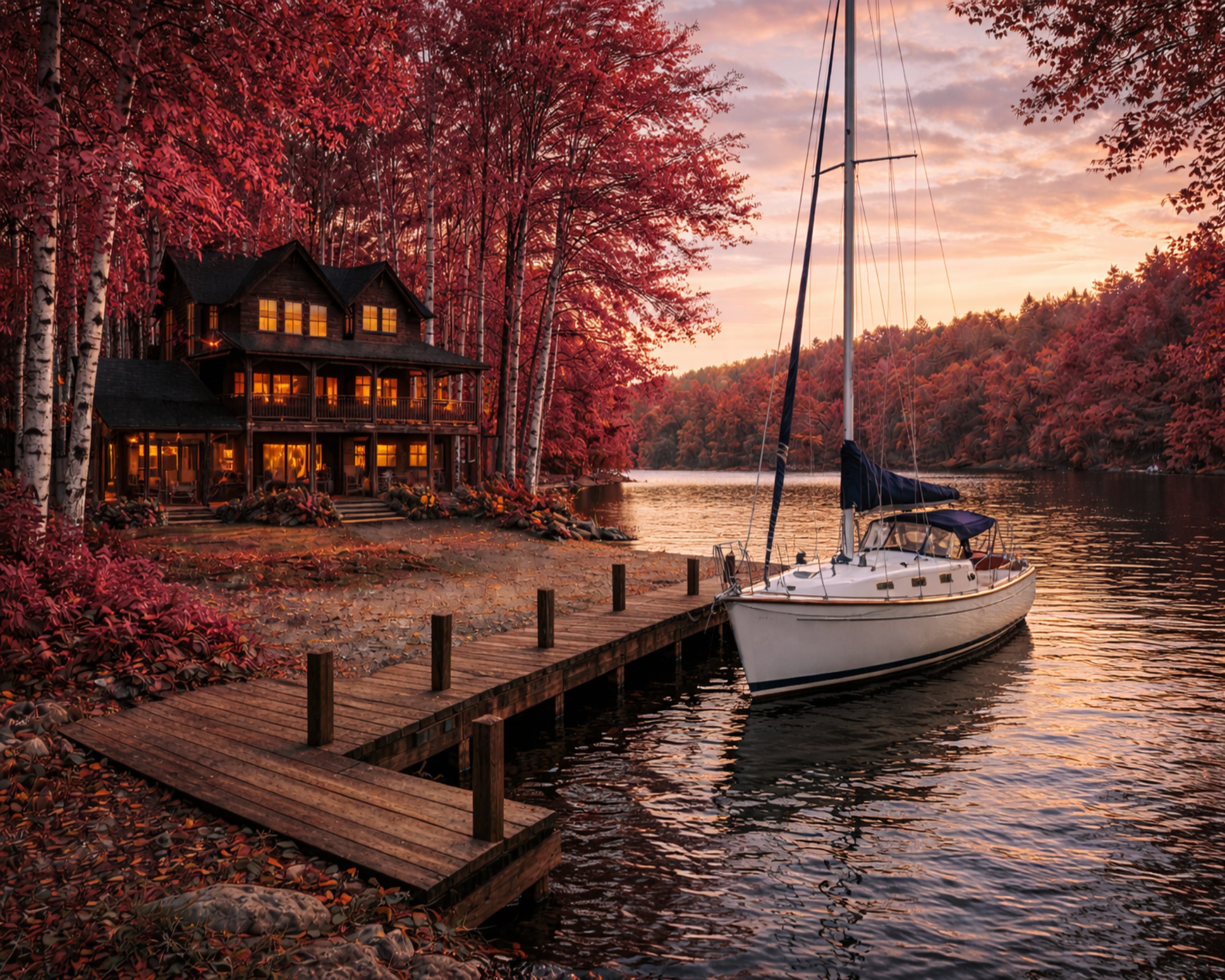 Lakeside Autumn Cabin Wall Art – Luxury Waterfront Retreat Print