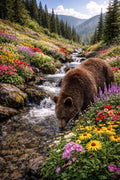 Mountain Bear Creek Wall Art – Wildlife & Wildflower Landscape Print