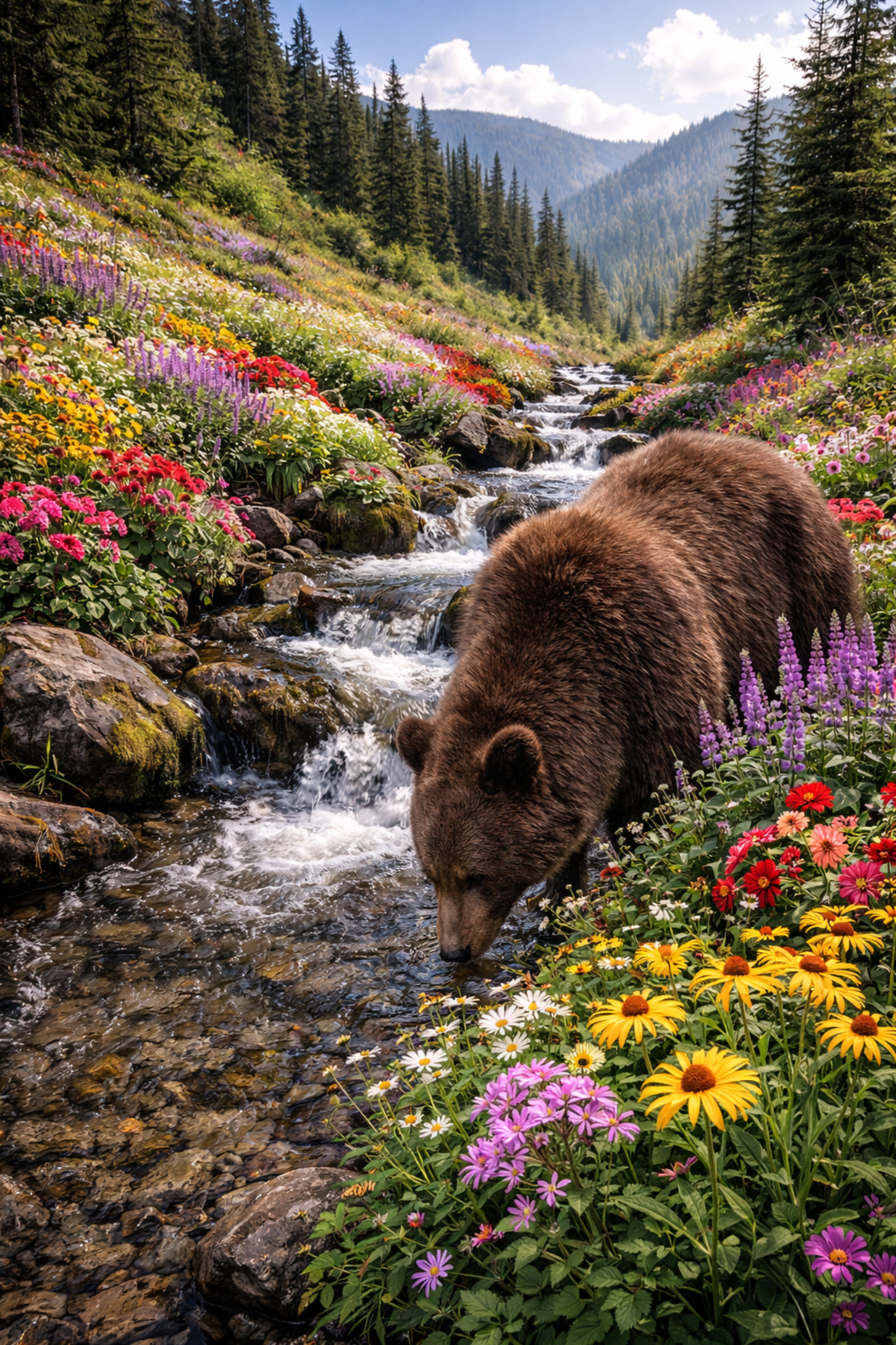 Mountain Bear Creek Wall Art – Wildlife & Wildflower Landscape Print