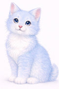 Illustration of a fluffy white cat with blue eyes on a white background