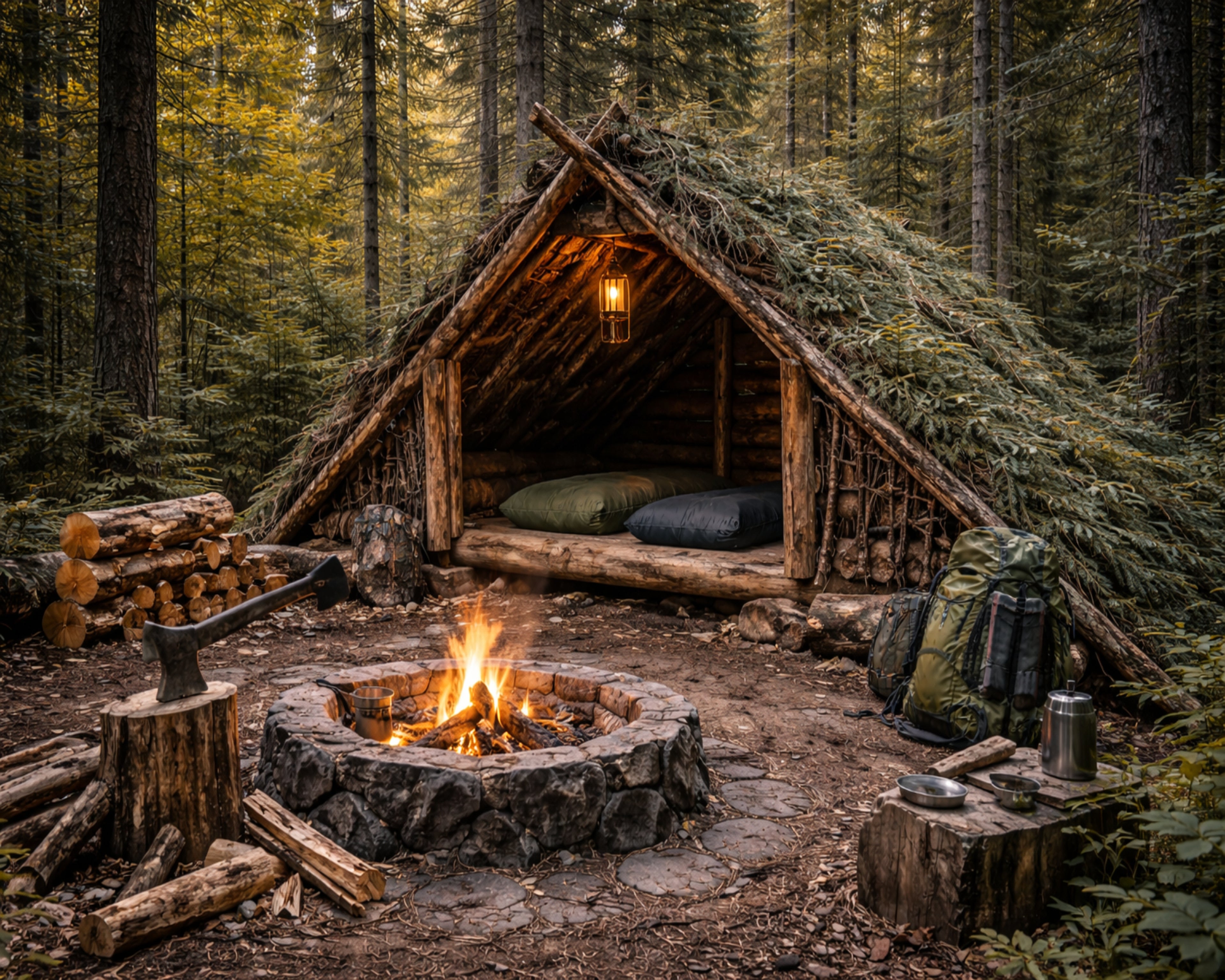 Primitive Bushcraft Shelter Wall Art – Rustic Forest Survival Print