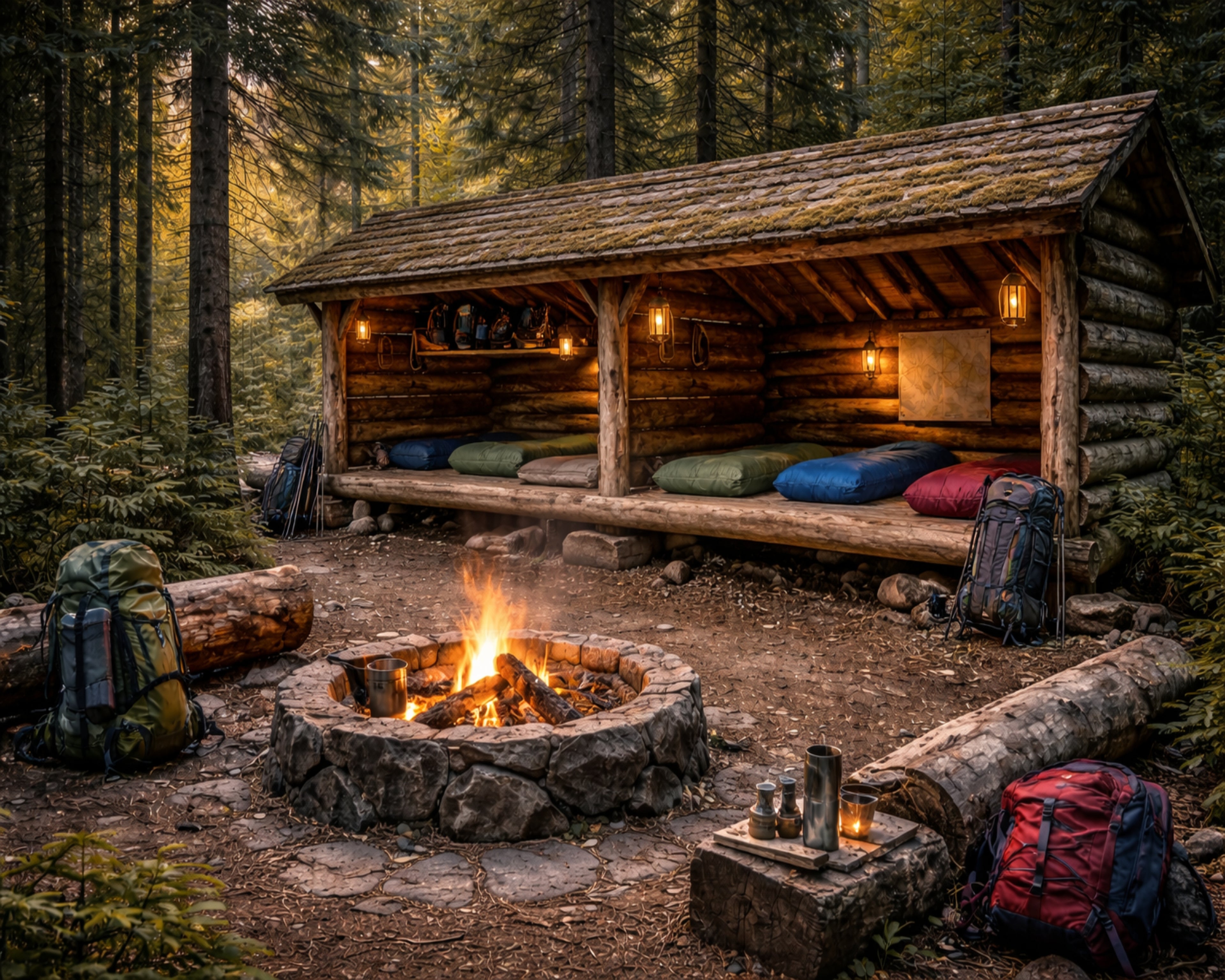 Rustic Forest Shelter Wall Art – Cozy Wilderness Camp Print