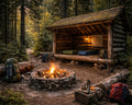Wilderness Campfire Retreat Wall Art – Rustic Forest Shelter Print