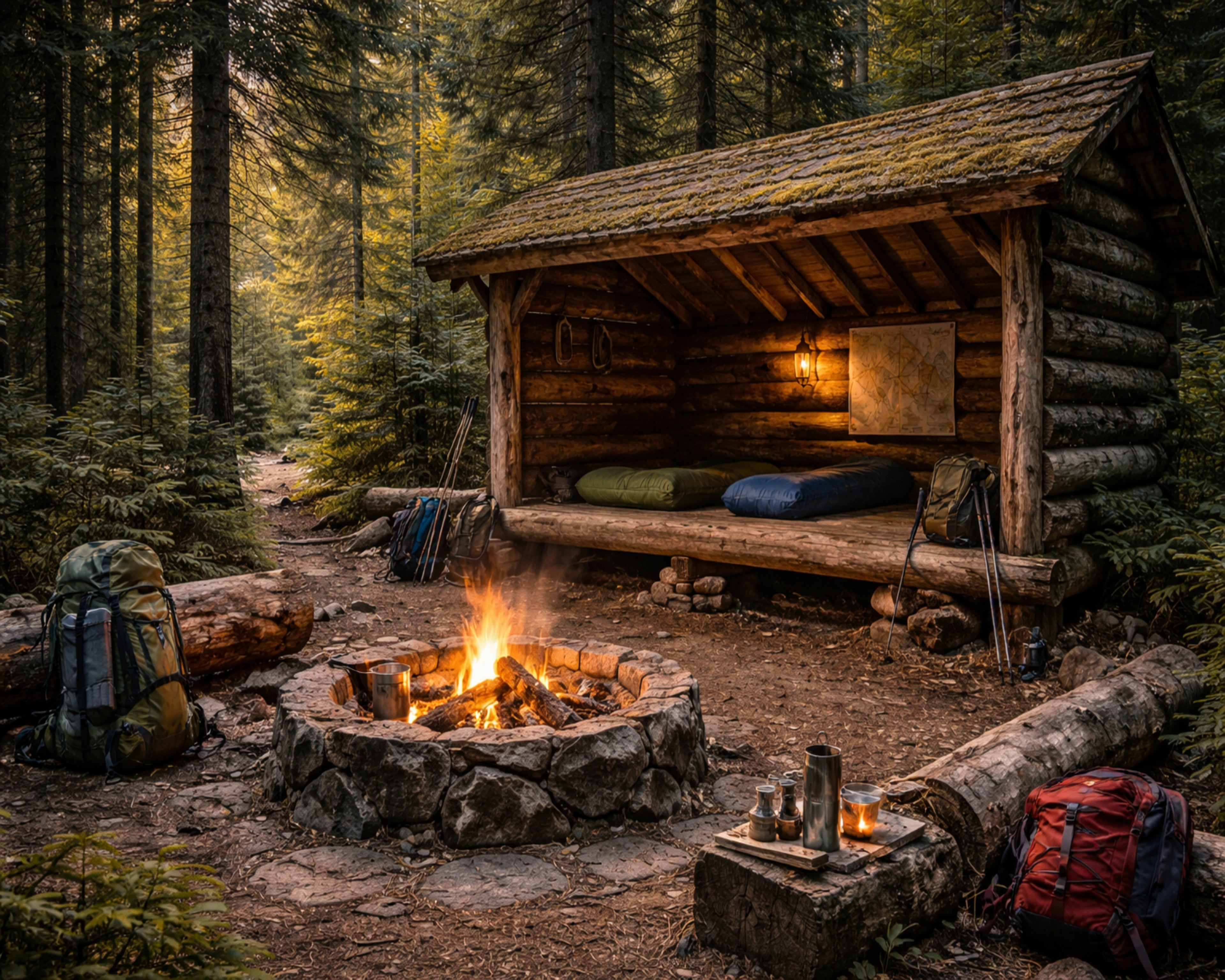 Wilderness Campfire Retreat Wall Art – Rustic Forest Shelter Print
