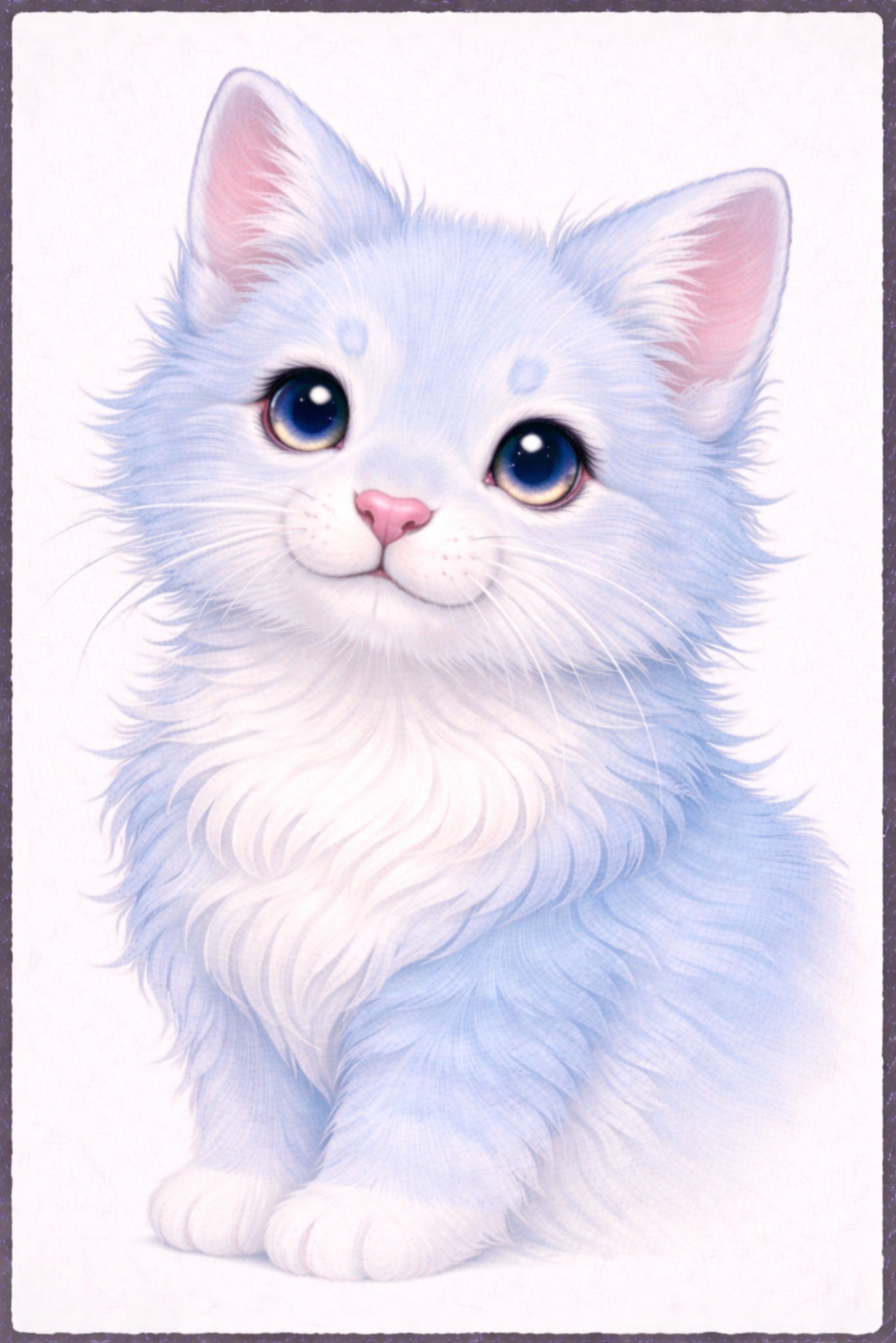 Illustration of a fluffy white cat with blue eyes on a light gray background