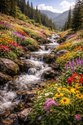 Mountain Wildflower Creek Wall Art – Vibrant Alpine Stream Print