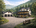 Modern Mountain Farmhouse Wall Art – Luxury Estate Landscape Print