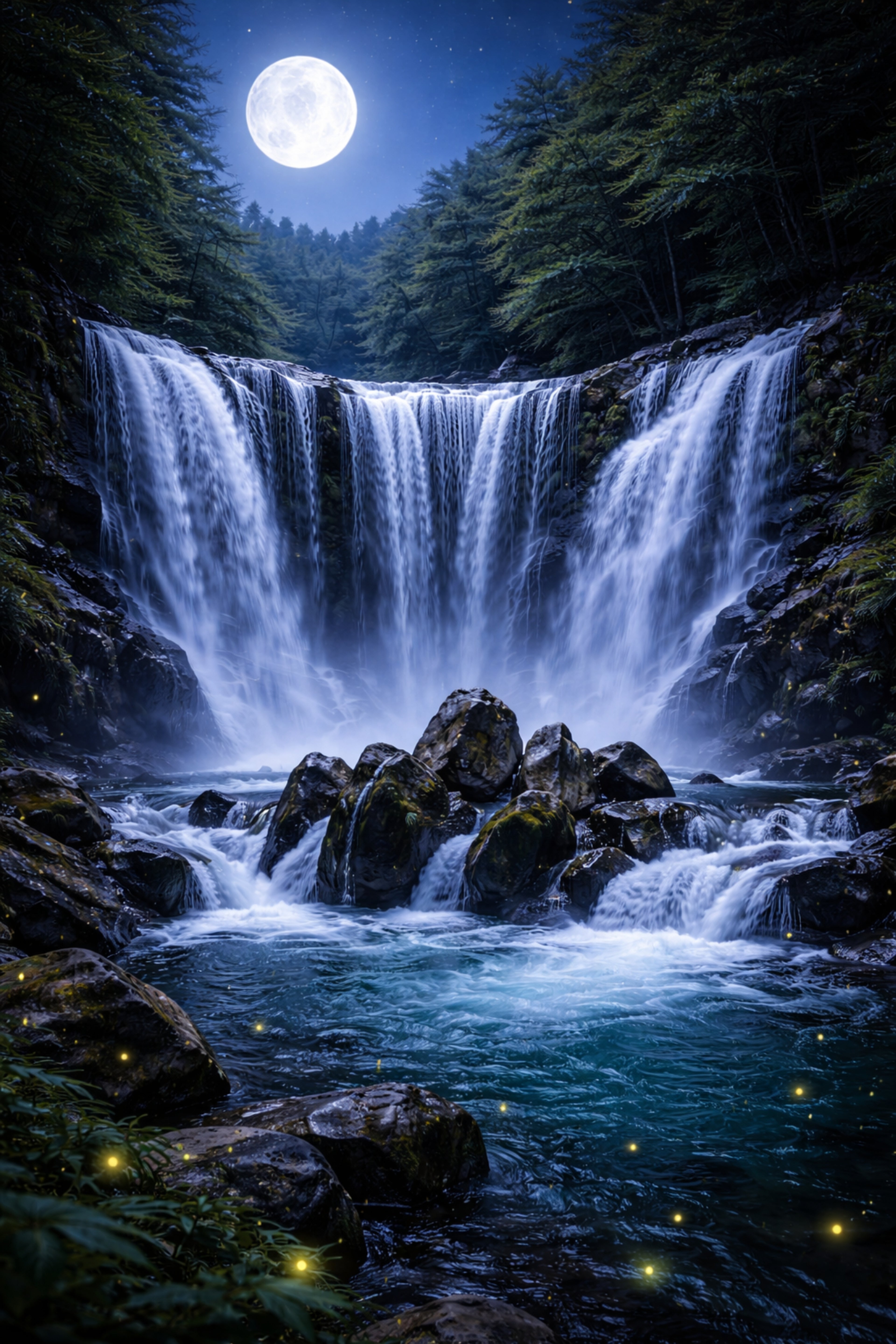 Moonlit Waterfall – Night Forest Wall Art
