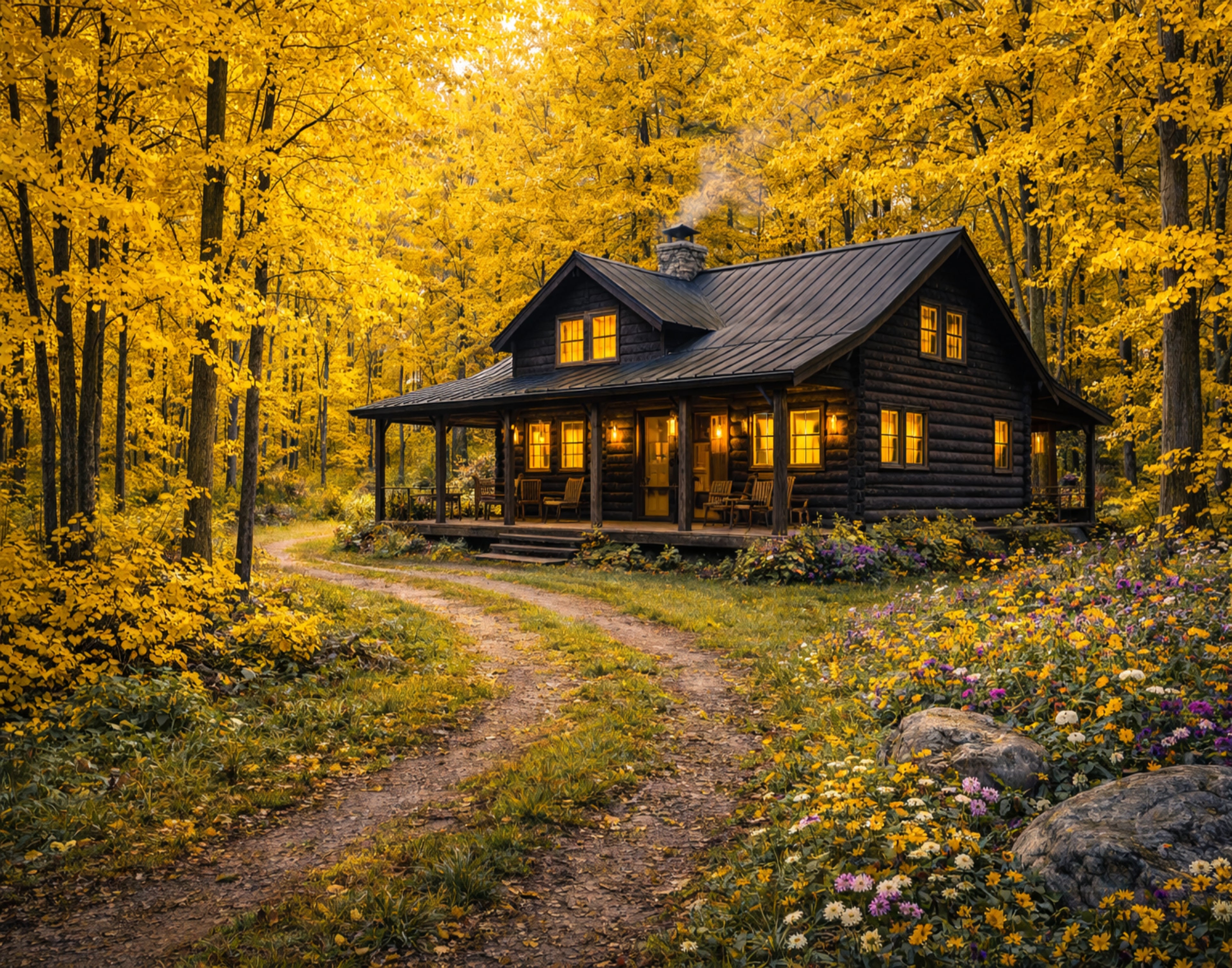Golden Autumn Cabin – Cozy Forest Wall Art (Digital Download)
