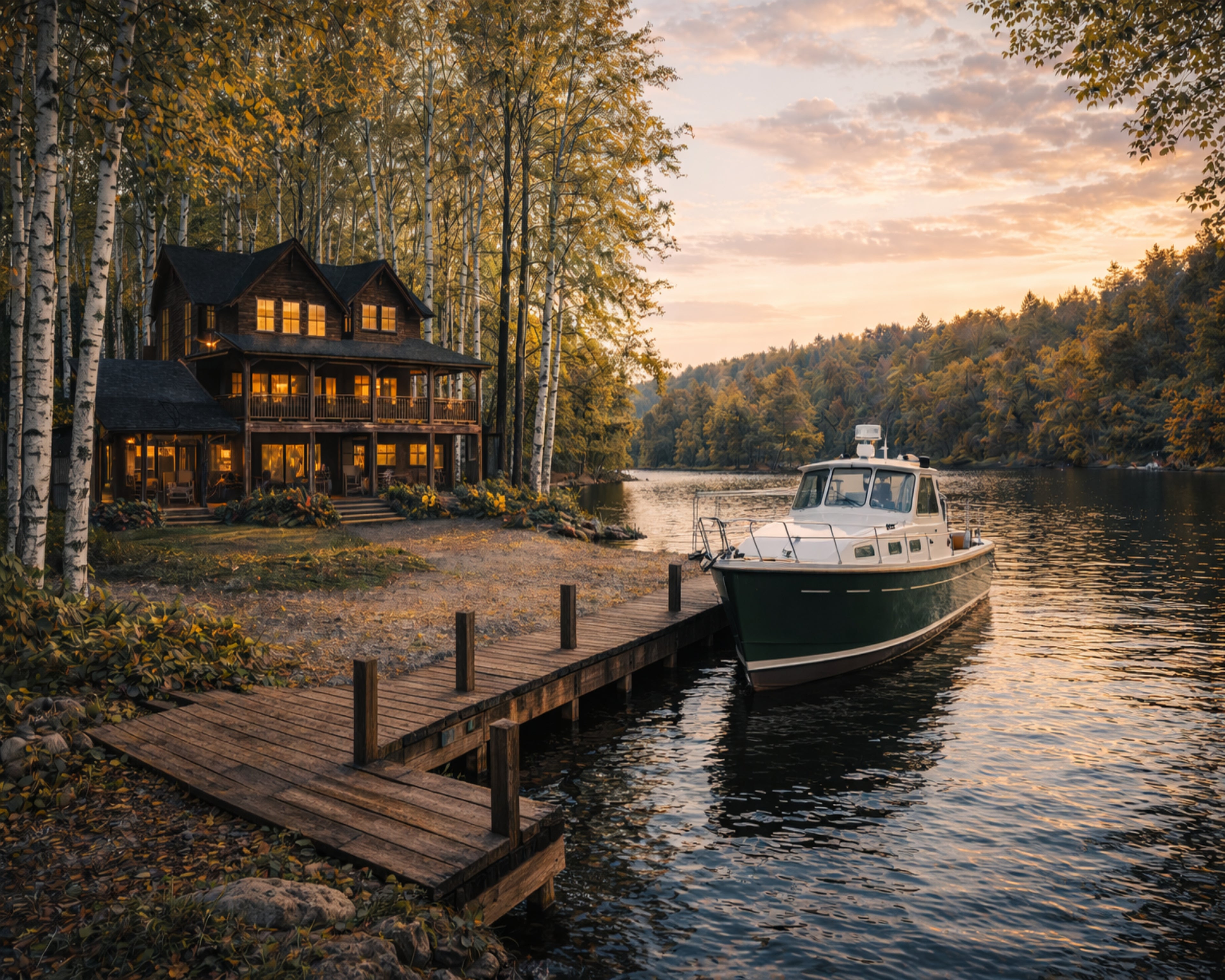 Golden Lakeside Retreat – Autumn Cabin & Boat Wall Art (Digital Download)