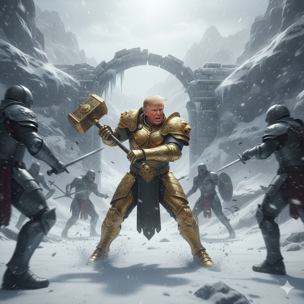 Warrior in gold armor holding a hammer in a snowy battlefield with other warriors.