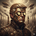 Steampunk-themed illustration with a person wearing a detailed mask and goggles, set against a cityscape with airships and clock towers.