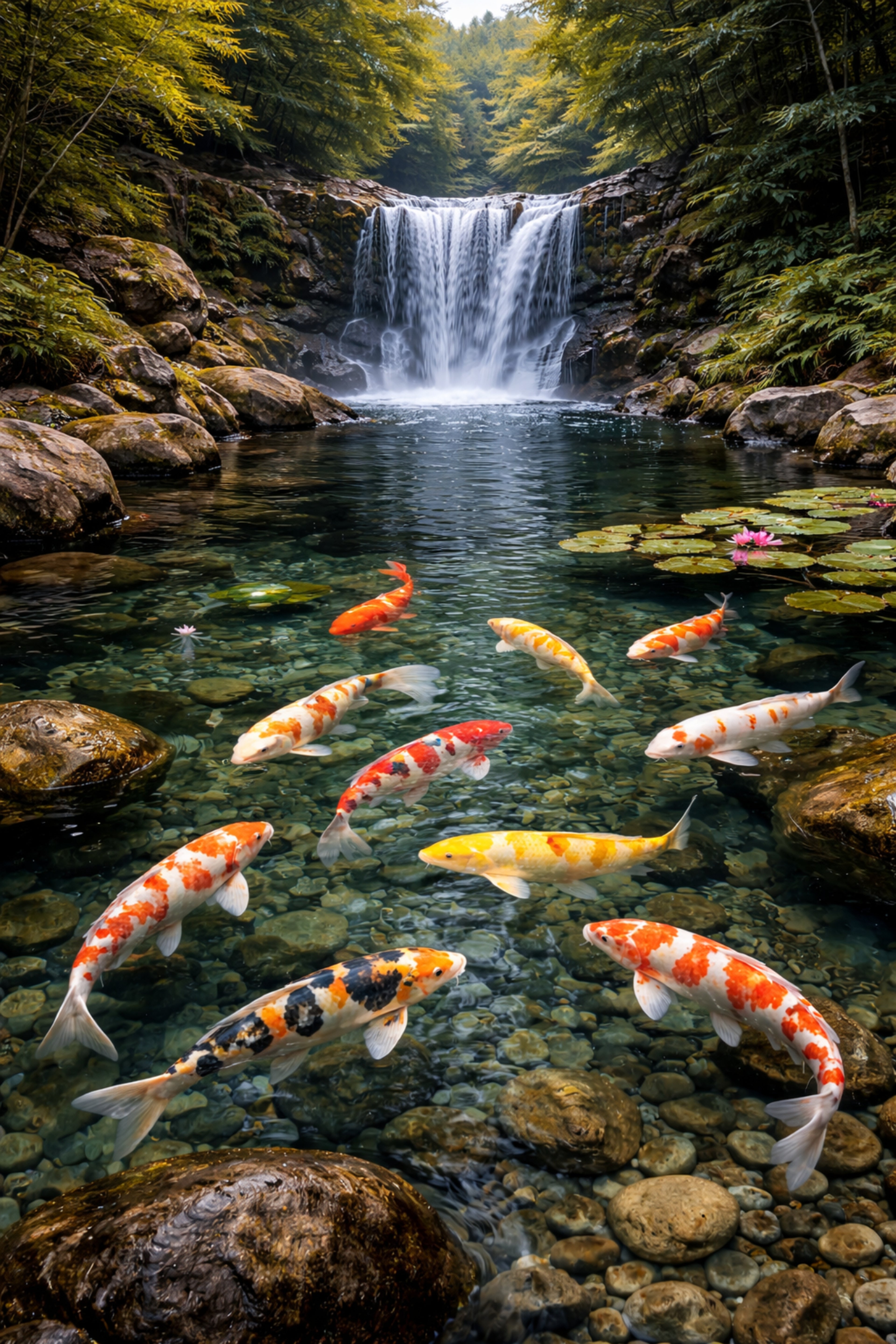 Tranquil Koi Waterfall – Serene Japanese Garden Wall Art