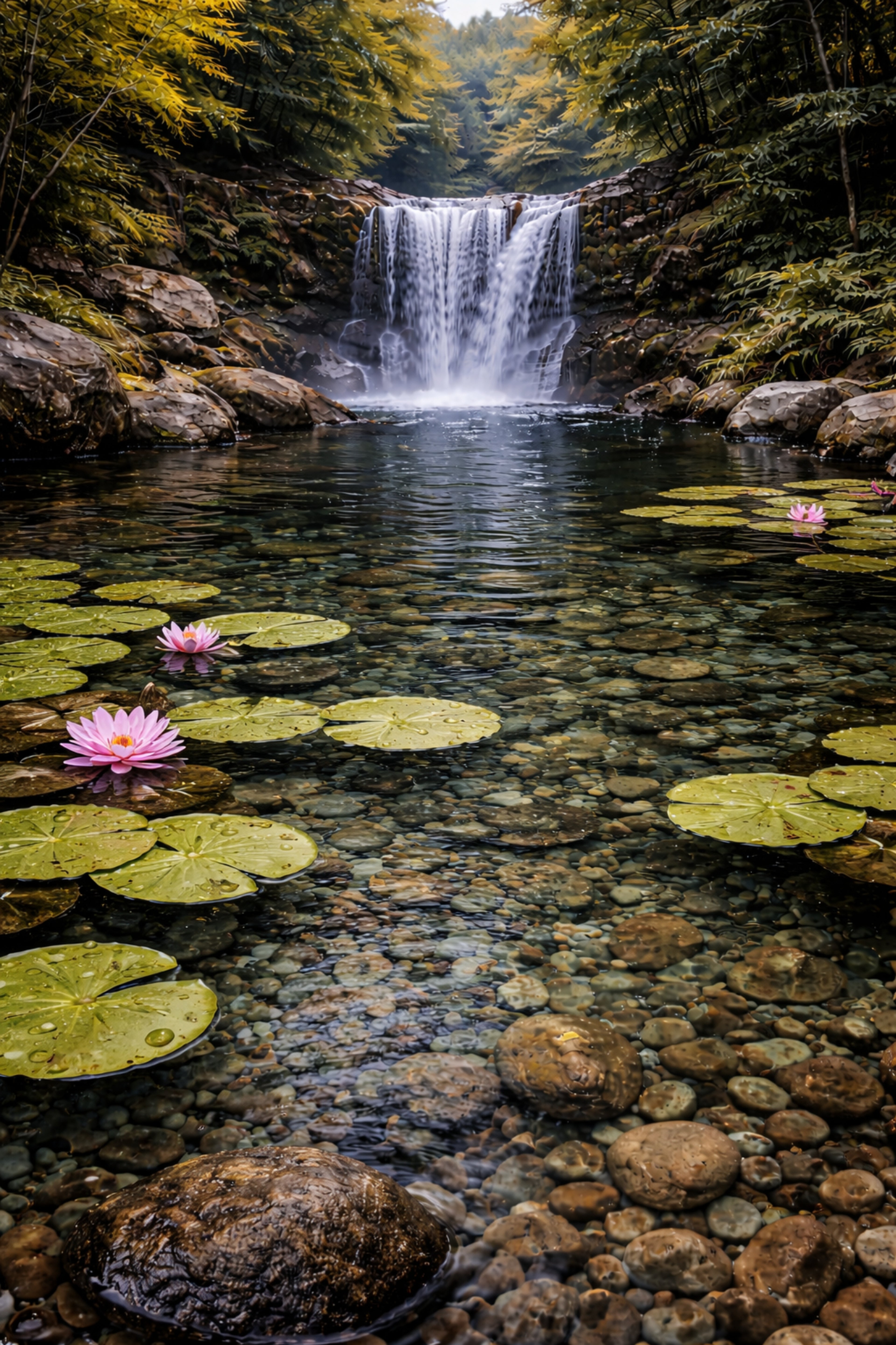 Tranquil Waterfall & Lily Pond – Serene Nature Wall Art