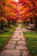 Autumn Garden Path with Bench – Serene Fall Landscape Wall Art