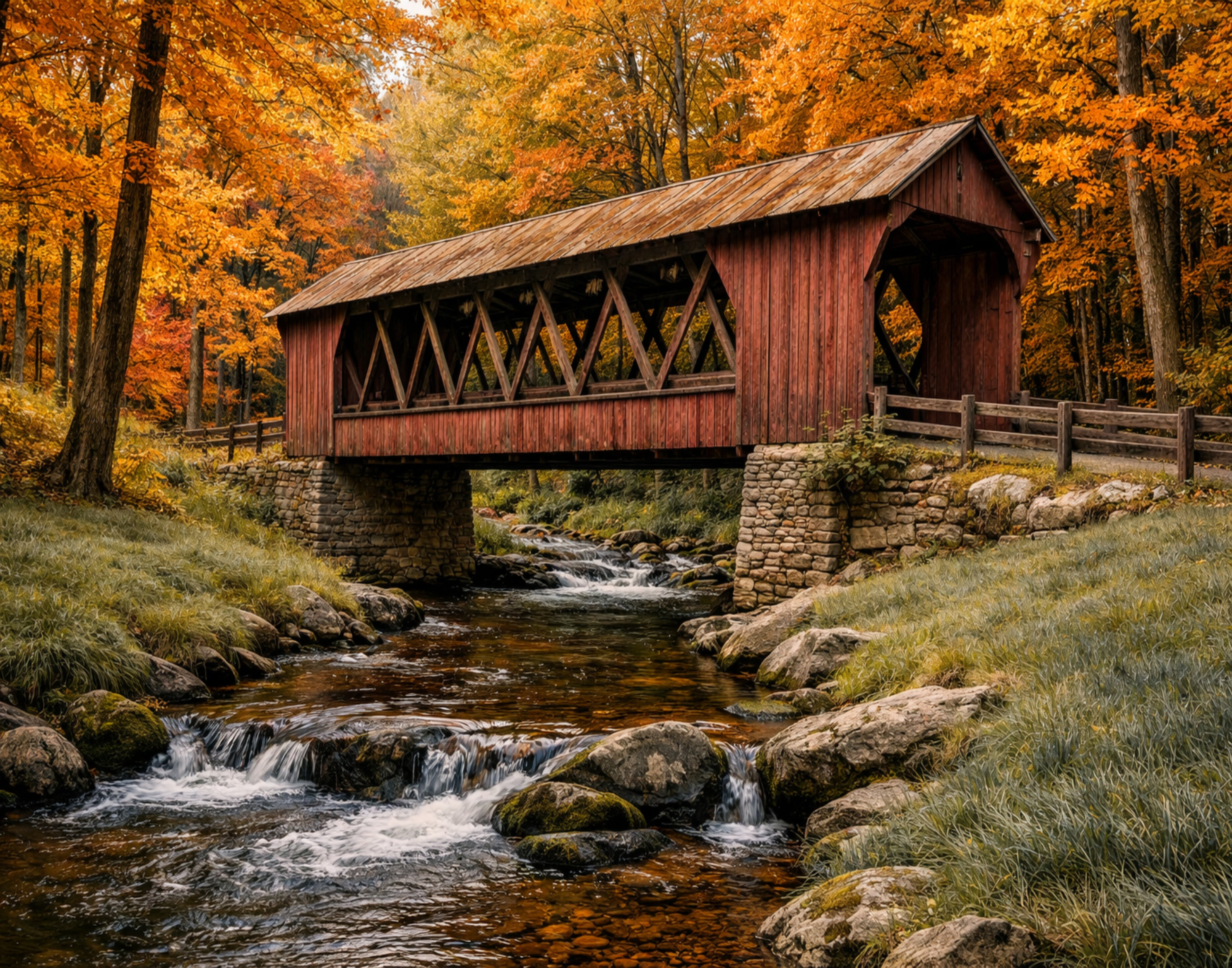 Rustic Autumn Covered Bridge Wall Art Print