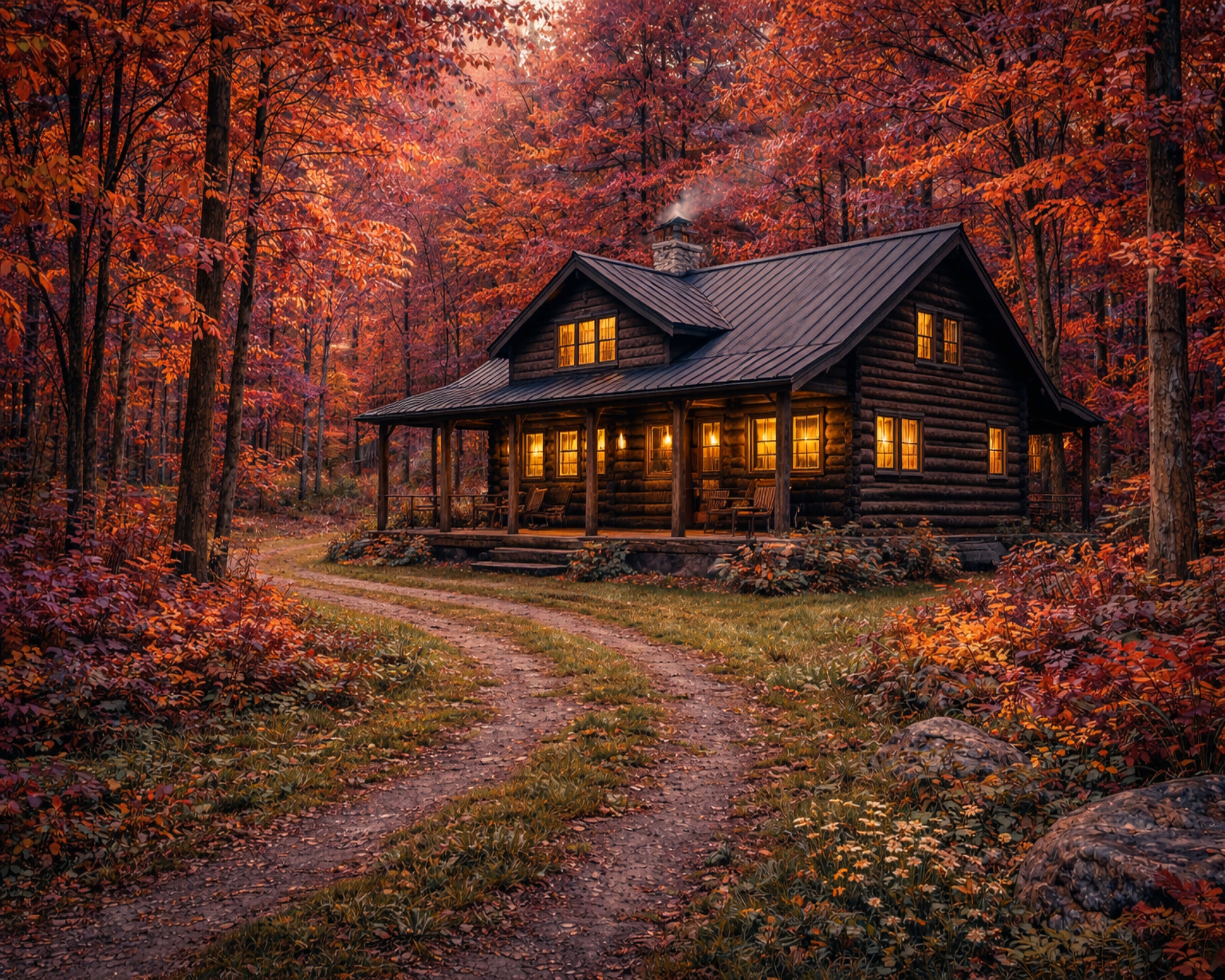 Rustic Autumn Log Cabin Wall Art – Cozy Woodland Retreat Print