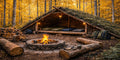 Rustic Wilderness Shelter Wall Art – Cozy Autumn Campfire Print