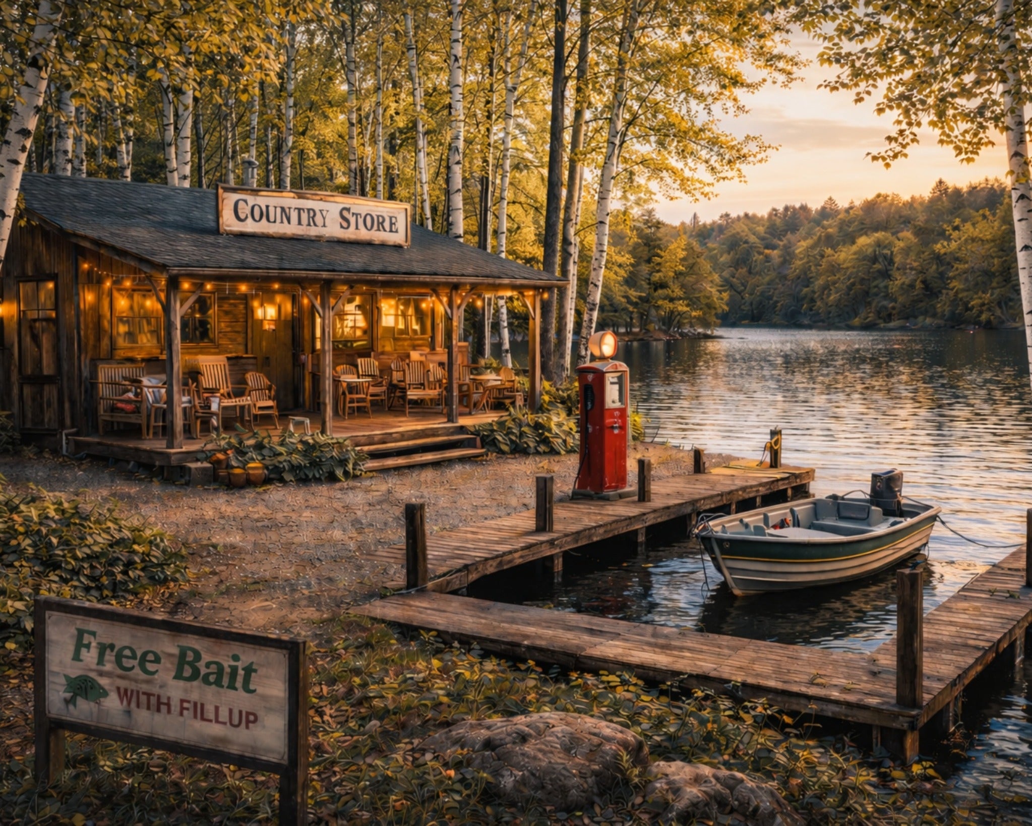 Lakeside Country Store at Sunset – Rustic Autumn Wall Art (Digital Download)