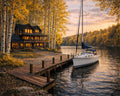 Golden Autumn Lake House Wall Art – Luxury Waterfront Cabin Print