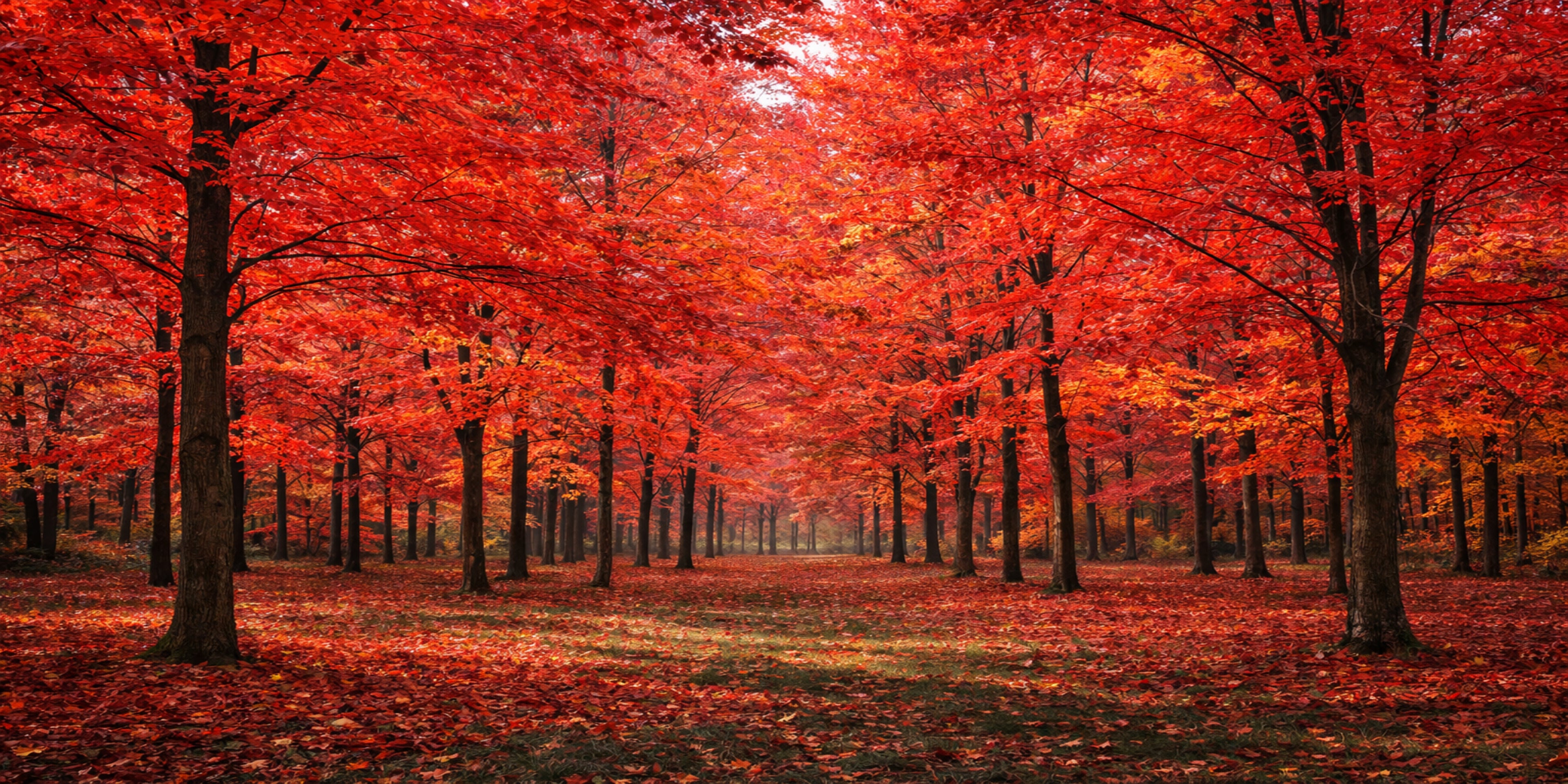 Crimson Autumn Forest Wall Art – Vibrant Red Fall Landscape Print