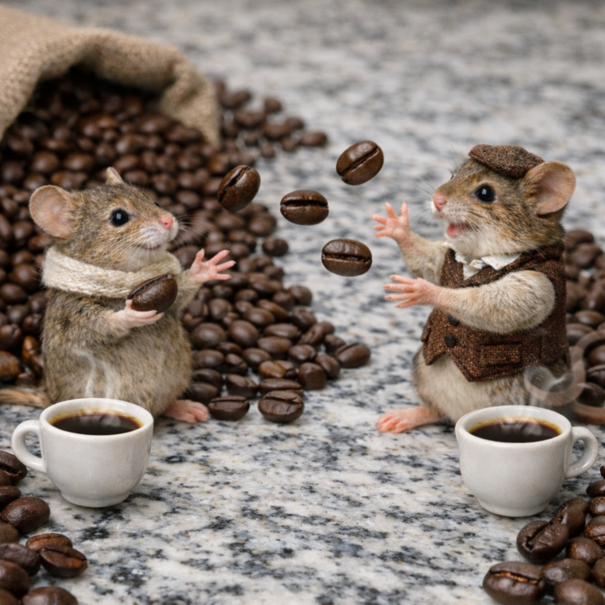 Two toy mice with coffee cups and coffee beans on a marble surface