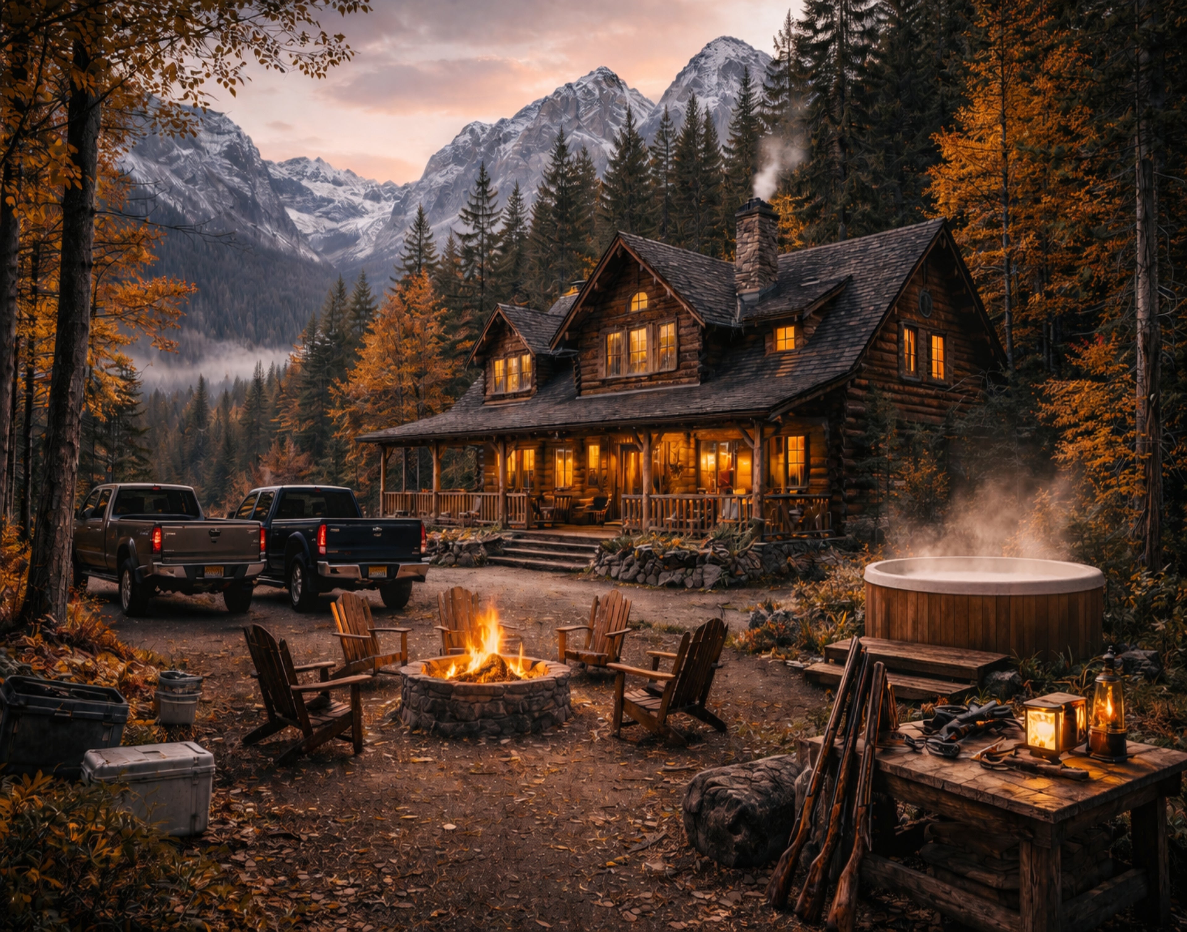Mountain Lodge Retreat – Rustic Cabin Campfire Wall Art
