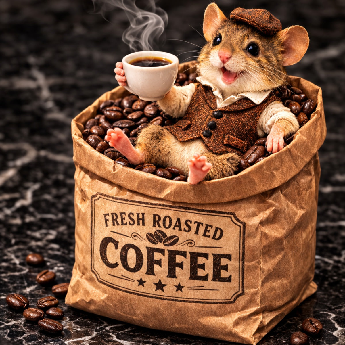 Animated mouse in a coffee sack holding a cup of coffee
