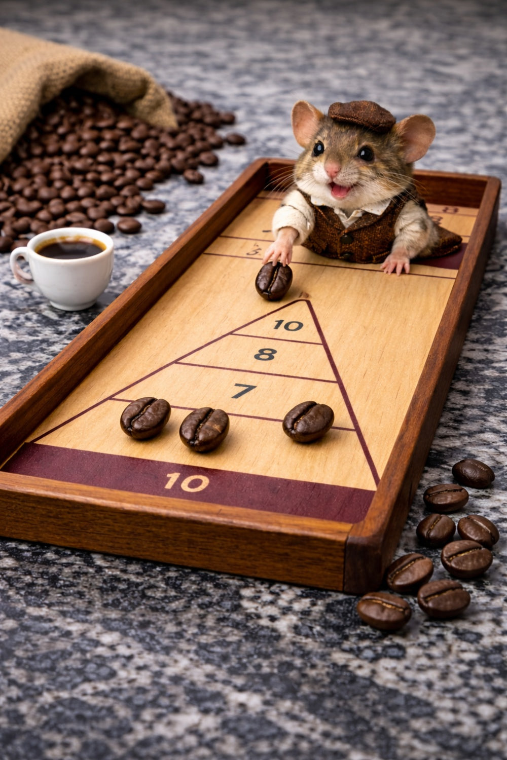 Small rodent on a wooden game board with coffee beans and a cup of coffee.