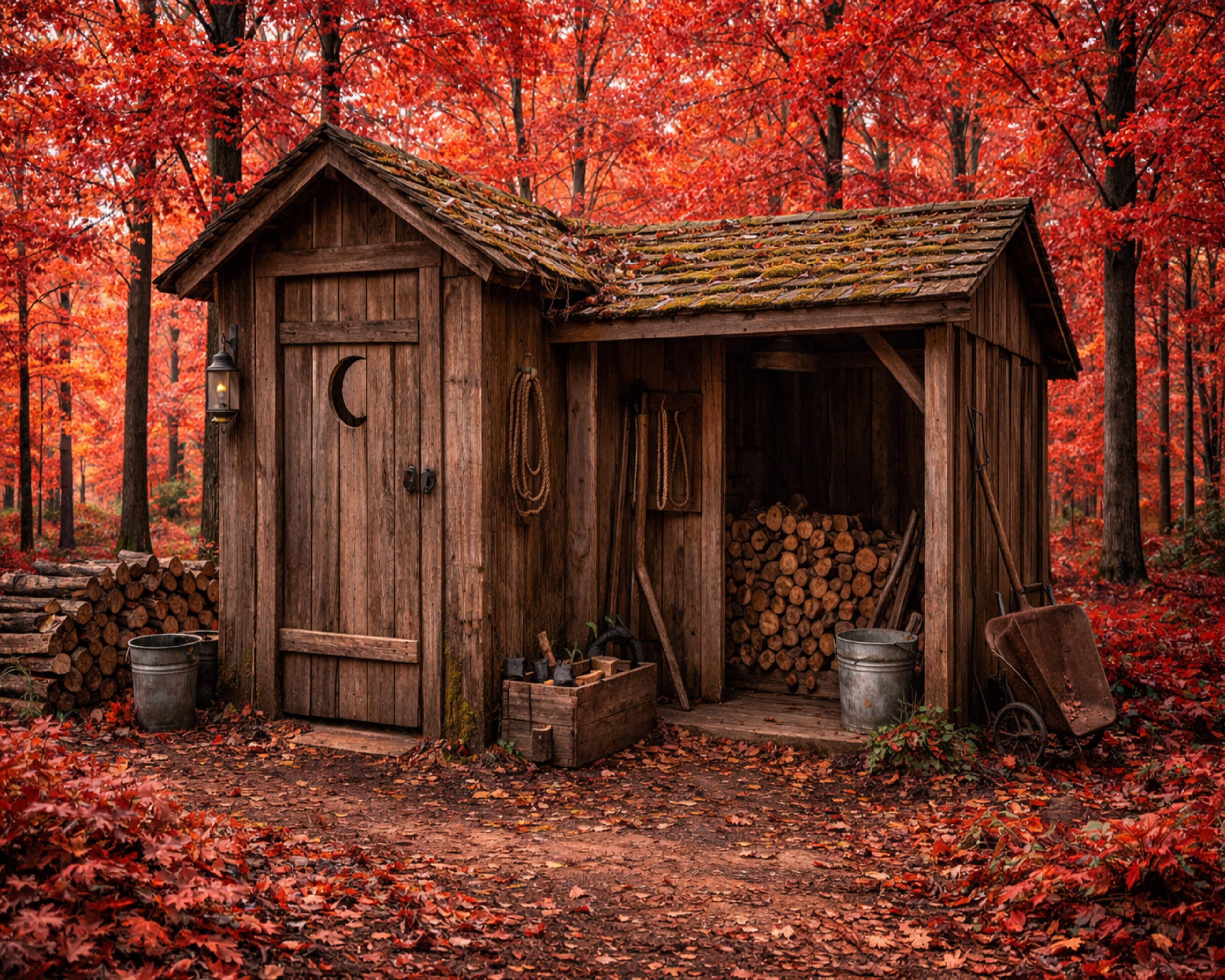 Rustic Autumn Woodland Outhouse – Vintage Cabin Wall Art (Downloadable Art)