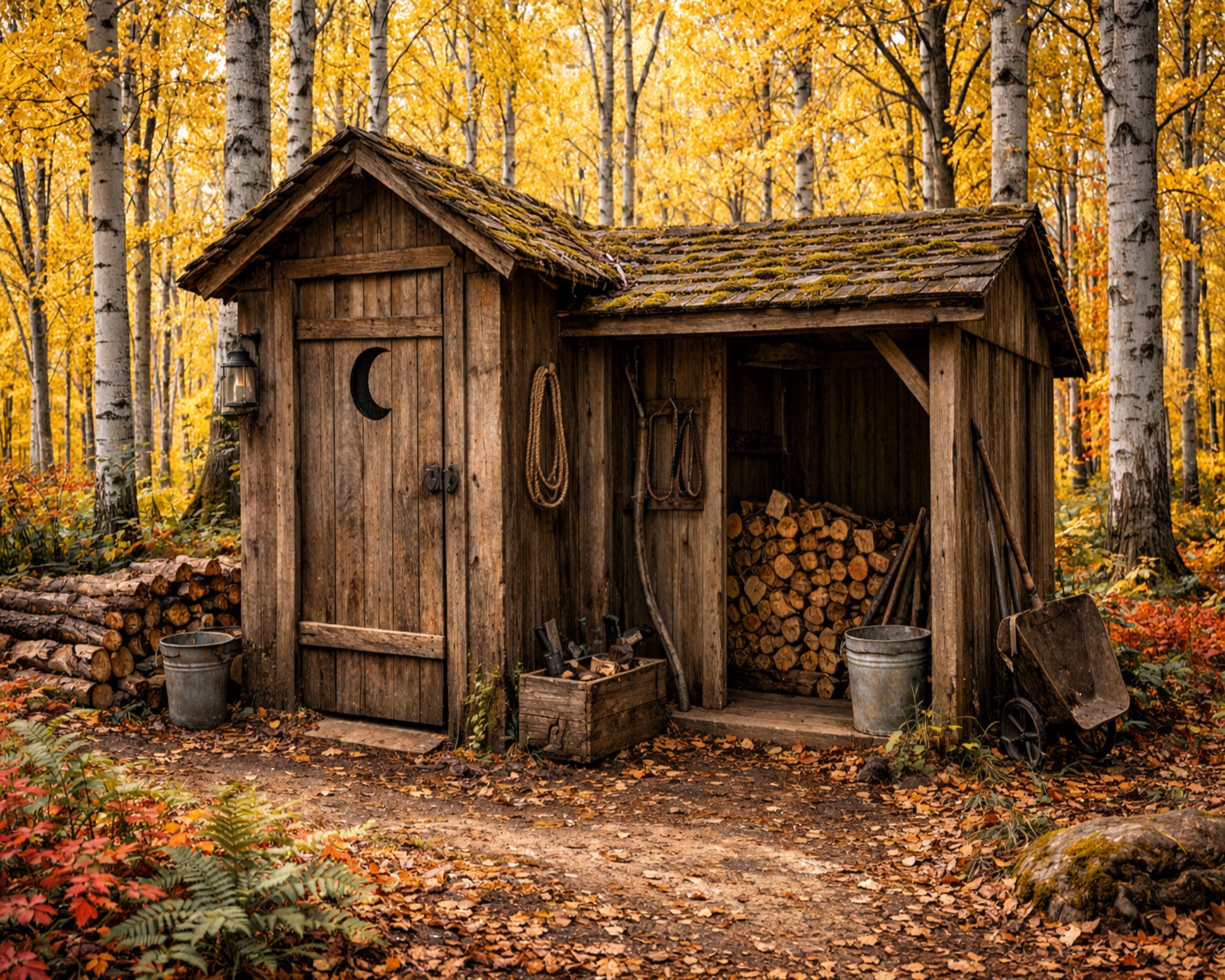 Rustic Autumn Cabin Shed – Cozy Woodland Wall Art