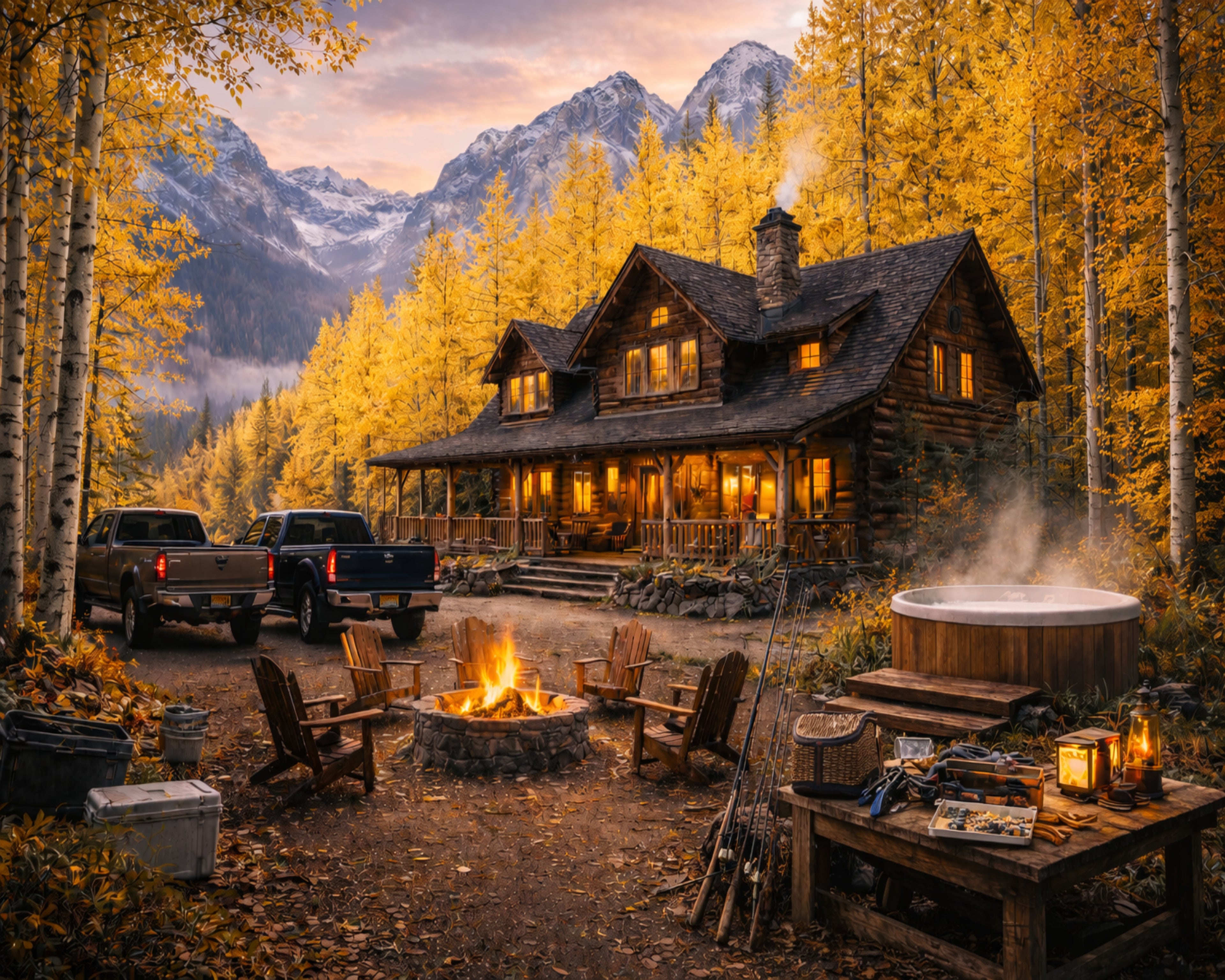 Luxury Mountain Cabin Wall Art – Autumn Lodge Retreat Print