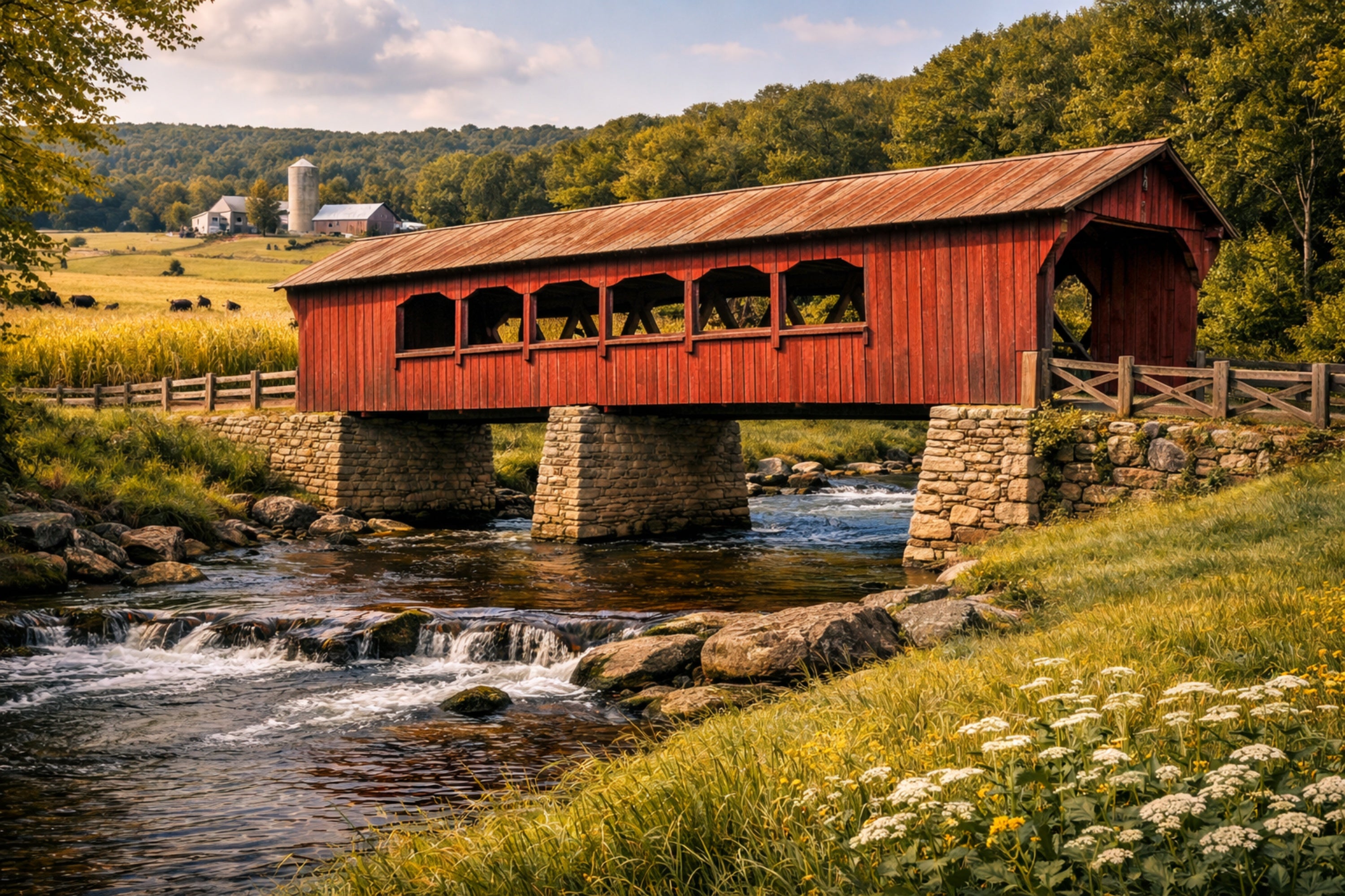 Red bridge over tranquil river by Feeboards