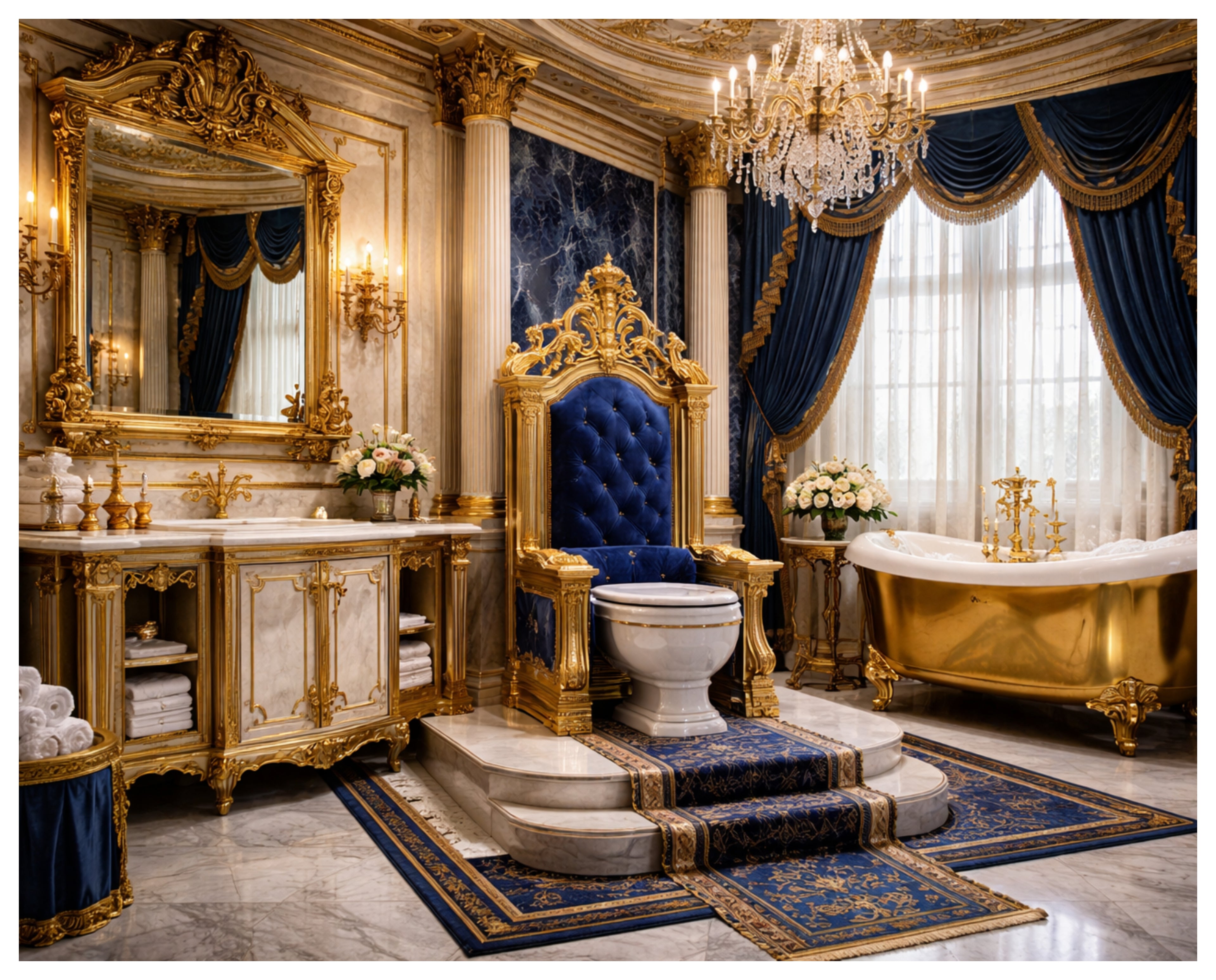 Royal Opulence Bathroom – Luxury Gold & Blue Palace Wall Art (Digital Download)