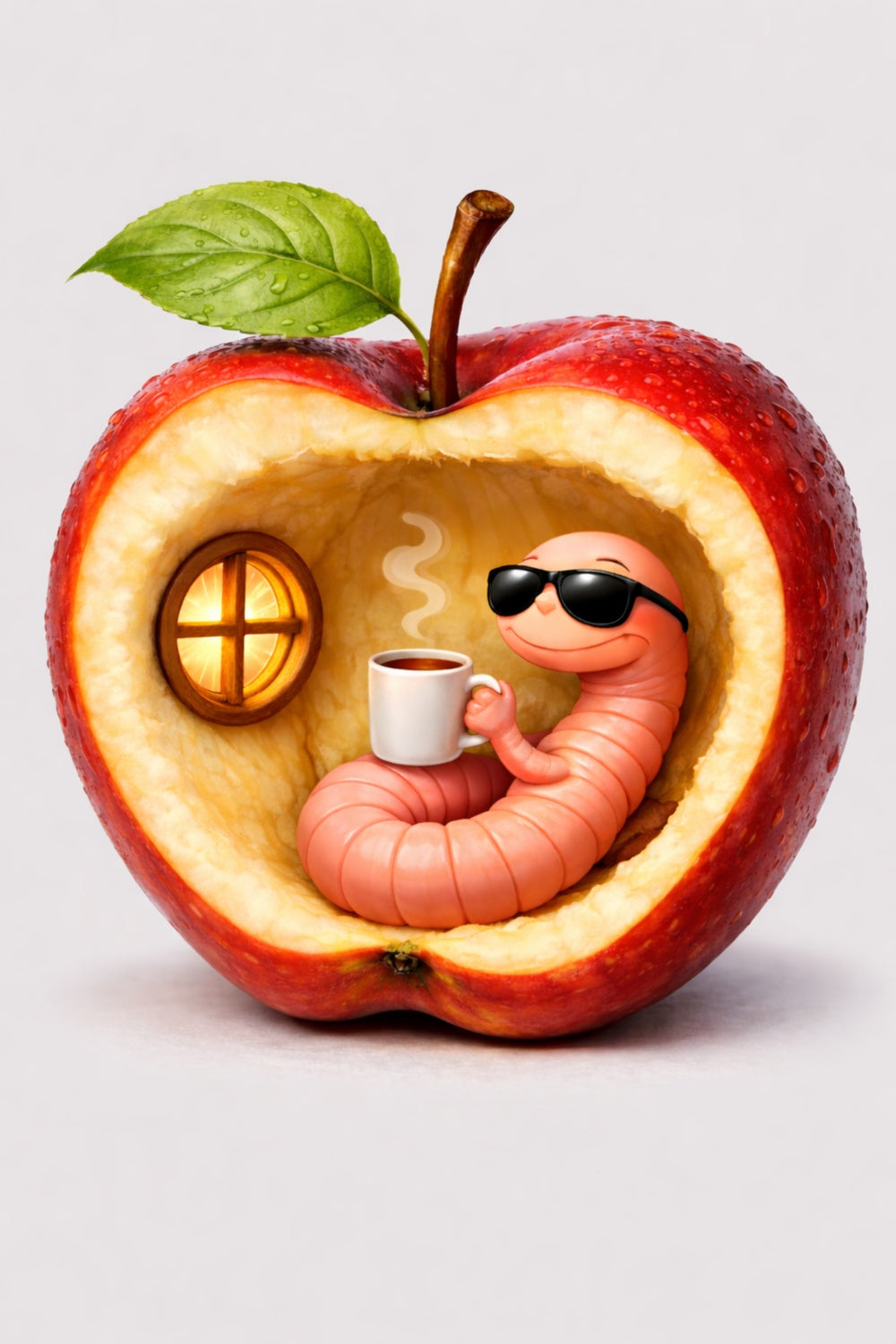 Apple with a worm holding a cup of coffee, wearing sunglasses, on a white background